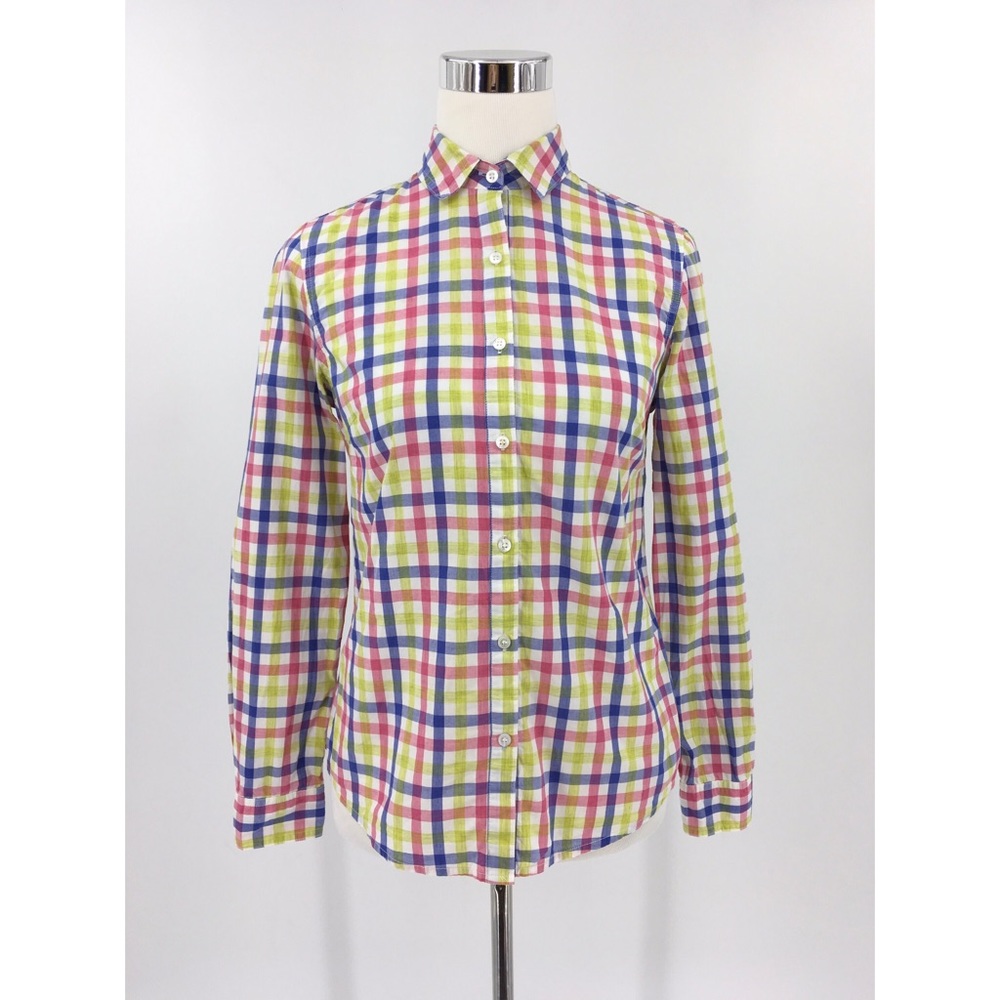 J McLaughlin Women's Preppy Plaid‎ Button Front Blouse Size 0 Cotton Multicolor